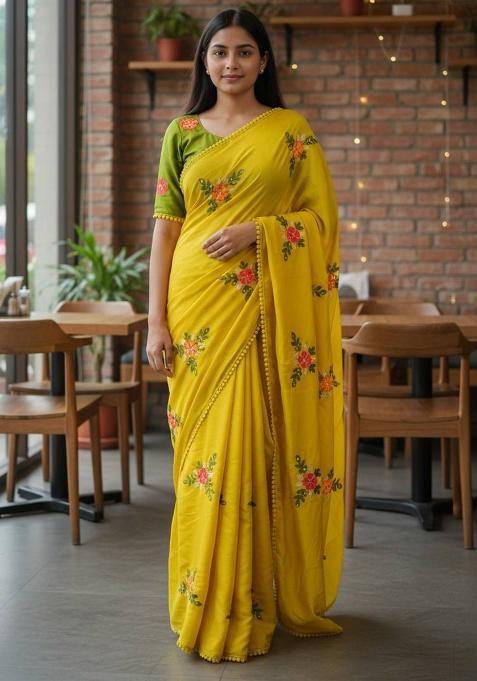 Yellow Thread Work Silk Saree Set — view on Indya