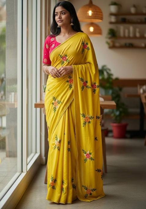 Yellow Thread Work Silk Saree Set