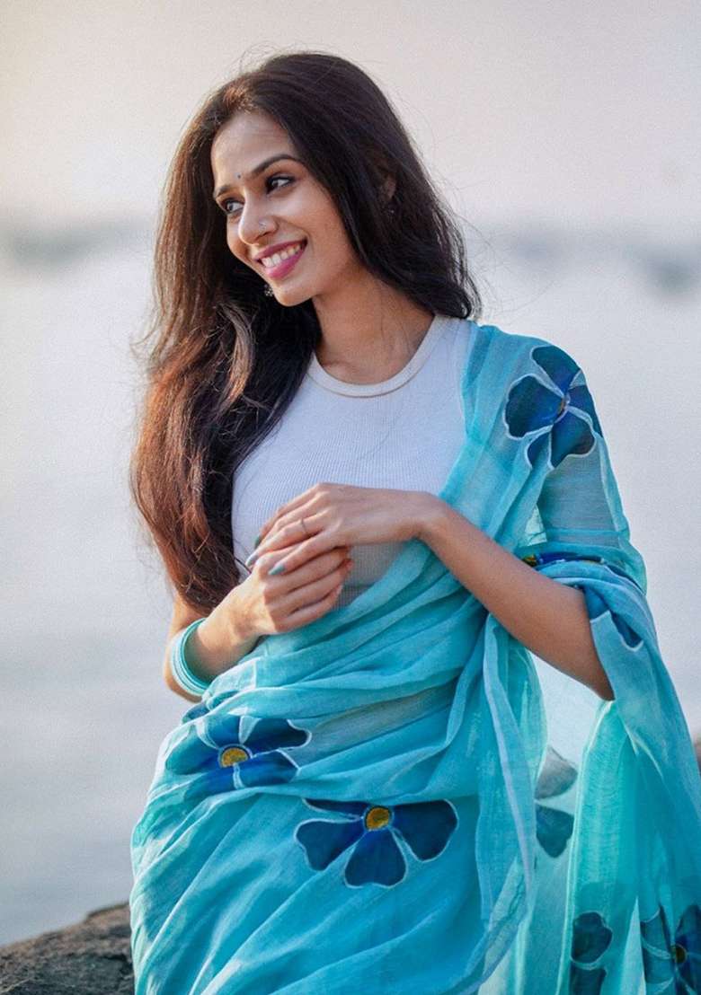 Sky Blue Printed Linen Saree Set for Diwali and Festive Wear - Indya