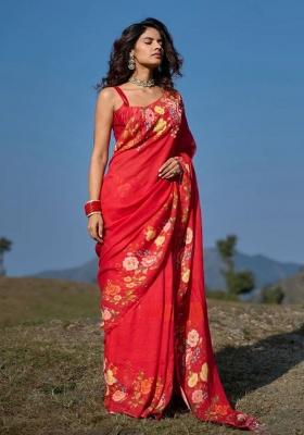 Red Printed Linen Saree Set
