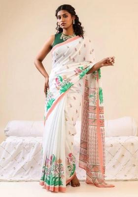 White Printed Linen Saree Set