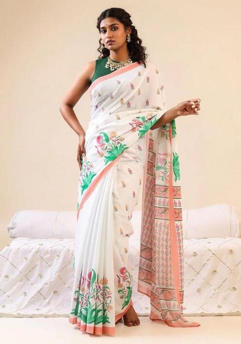 White Printed Linen Saree Set