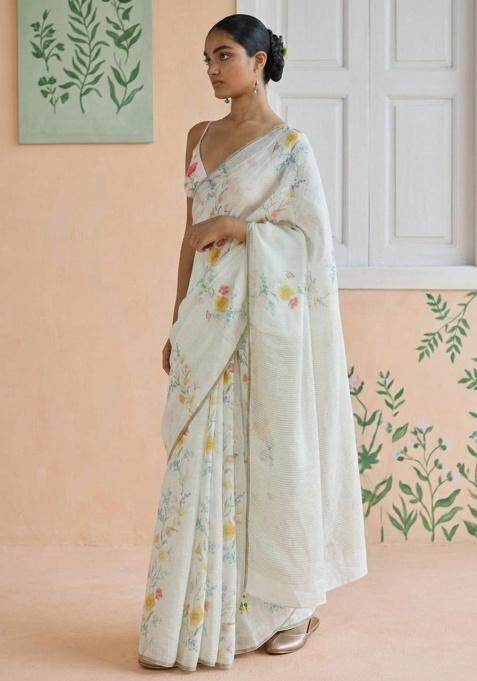 White Printed Linen Saree Set