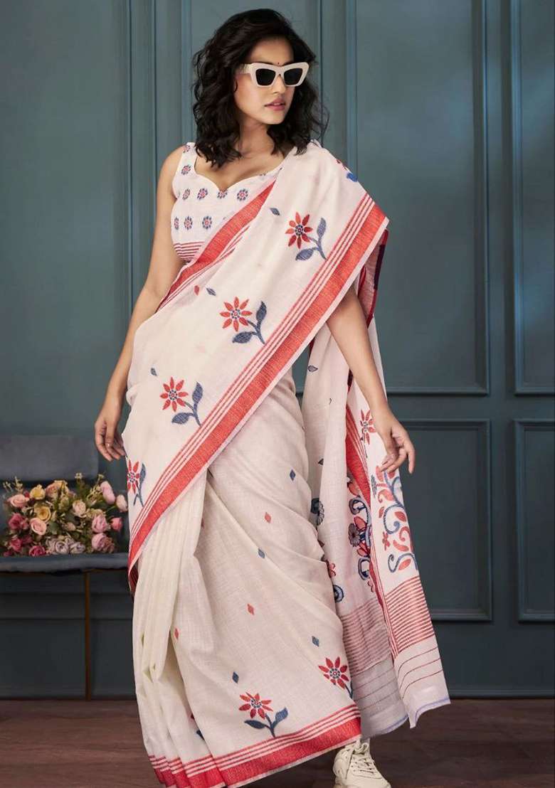 Cream Printed Linen Saree Set for Diwali and Festive Wear - Indya