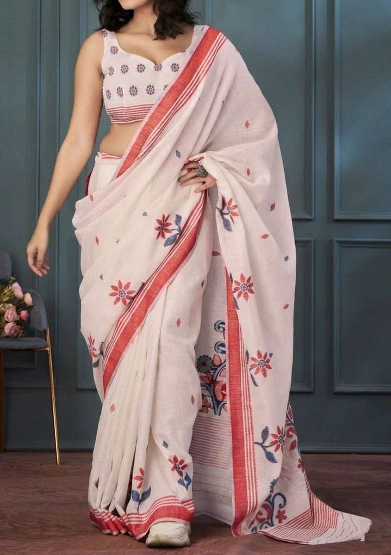 Cream Printed Linen Saree Set for Diwali and Festive Wear - Indya