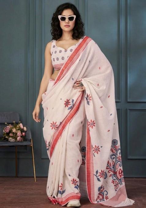 Cream Printed Linen Saree Set — view on Indya