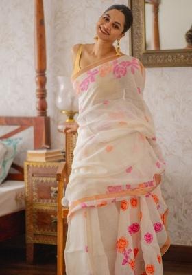 White Printed Linen Saree Set