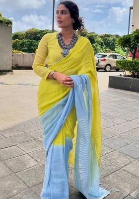 Light Green Printed Linen Saree Set