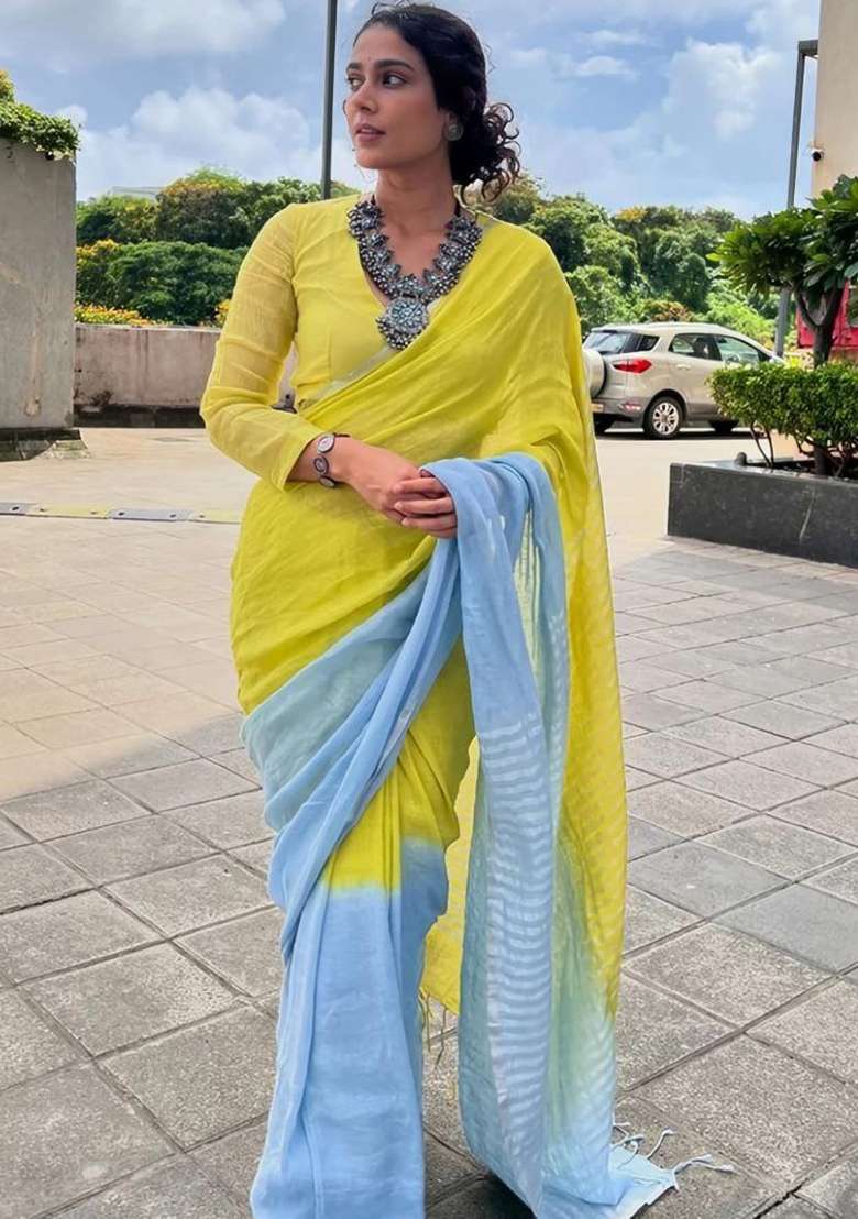 Light Green Printed Linen Saree Set for Diwali and Festive Wear - Indya