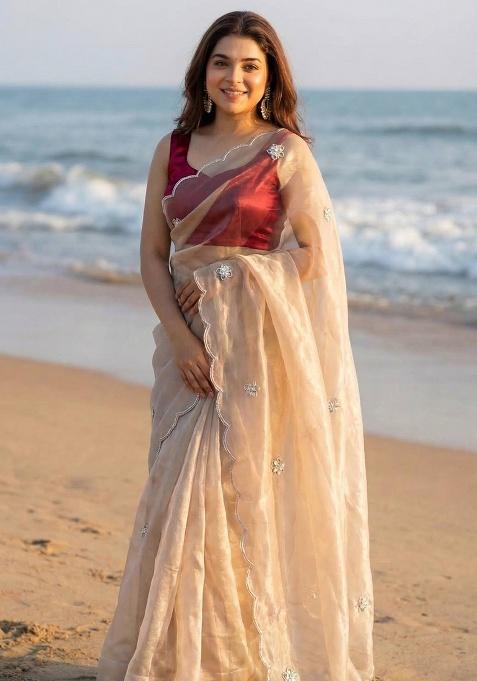 Beige Self Design Silk Blend Saree Set