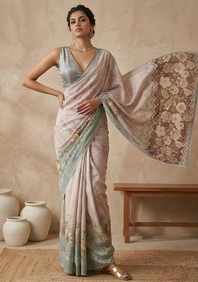 Sage Green Printed Vichitra Saree Set