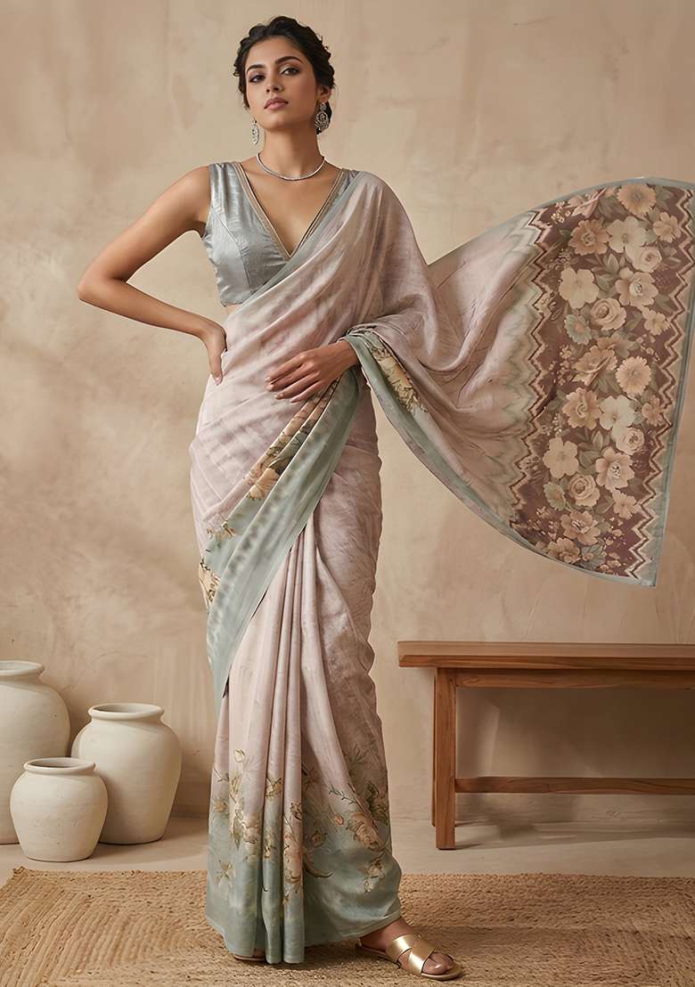 Sage Green Vichitra Saree Set with Printed for Diwali | Wedding & Festive Wear - Indya