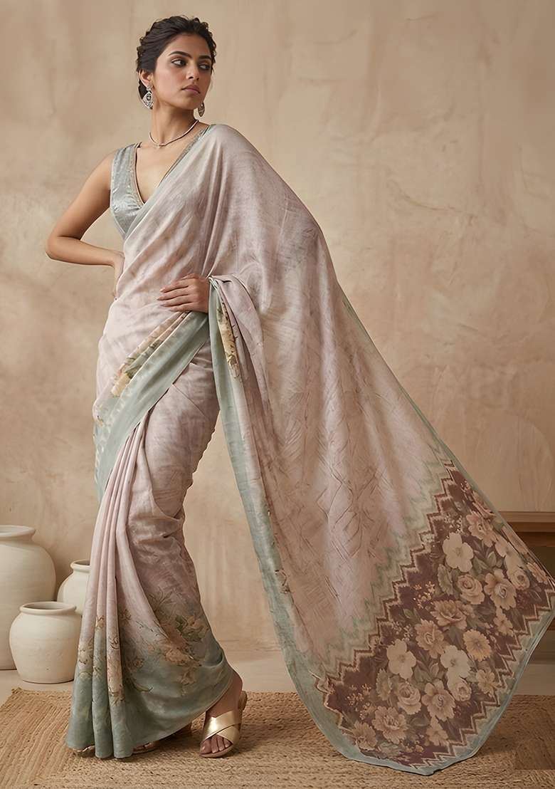 Sage Green Vichitra Saree Set with Printed for Diwali | Wedding & Festive Wear - Indya