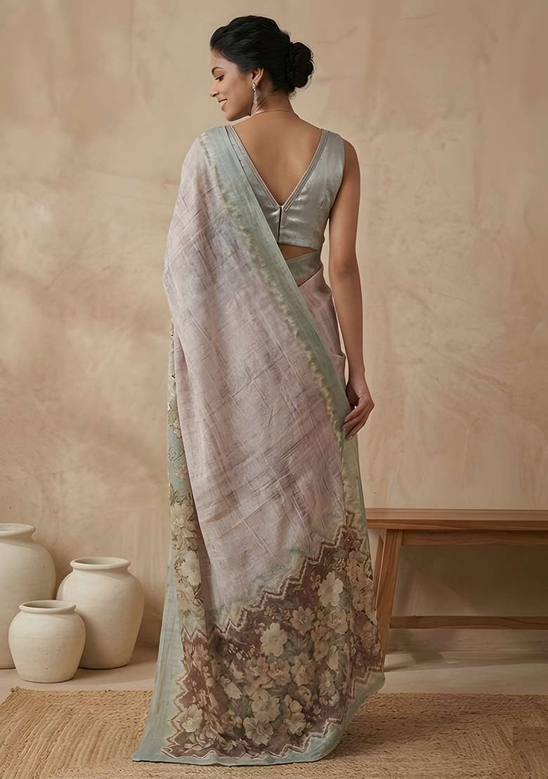 Sage Green Vichitra Saree Set with Printed for Diwali | Wedding & Festive Wear - Indya