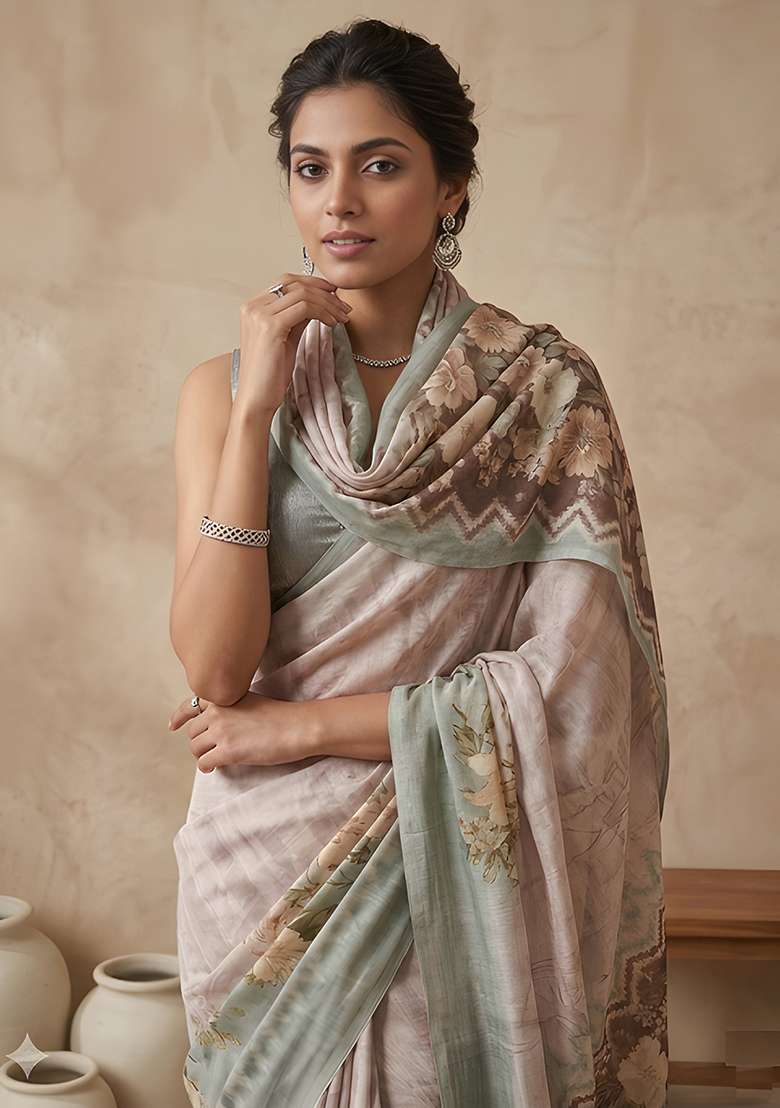 Sage Green Vichitra Saree Set with Printed for Diwali | Wedding & Festive Wear - Indya