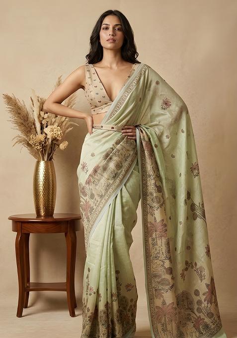 Pistachio Green Printed Vichitra Saree Set