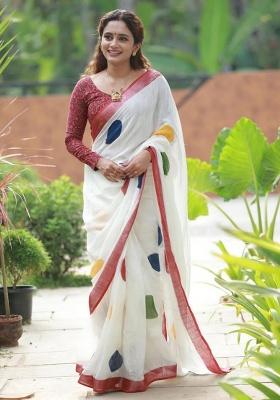 White Printed Linen Saree Set