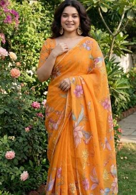 Mustard Yellow Printed Georgette Saree Set