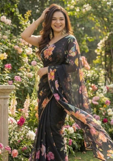 Black Printed Georgette Saree Set
