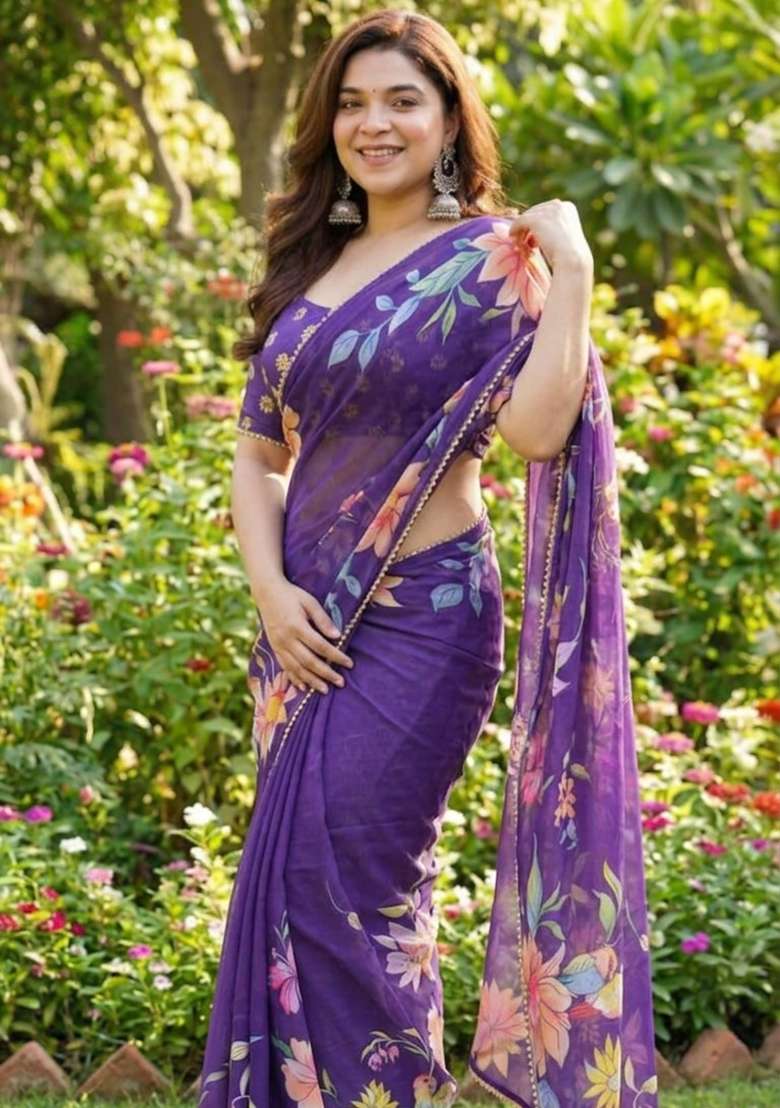 Purple Printed Georgette Saree Set for Diwali and Festive Wear - Indya
