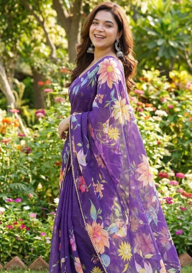 Purple Printed Georgette Saree Set for Diwali and Festive Wear - Indya
