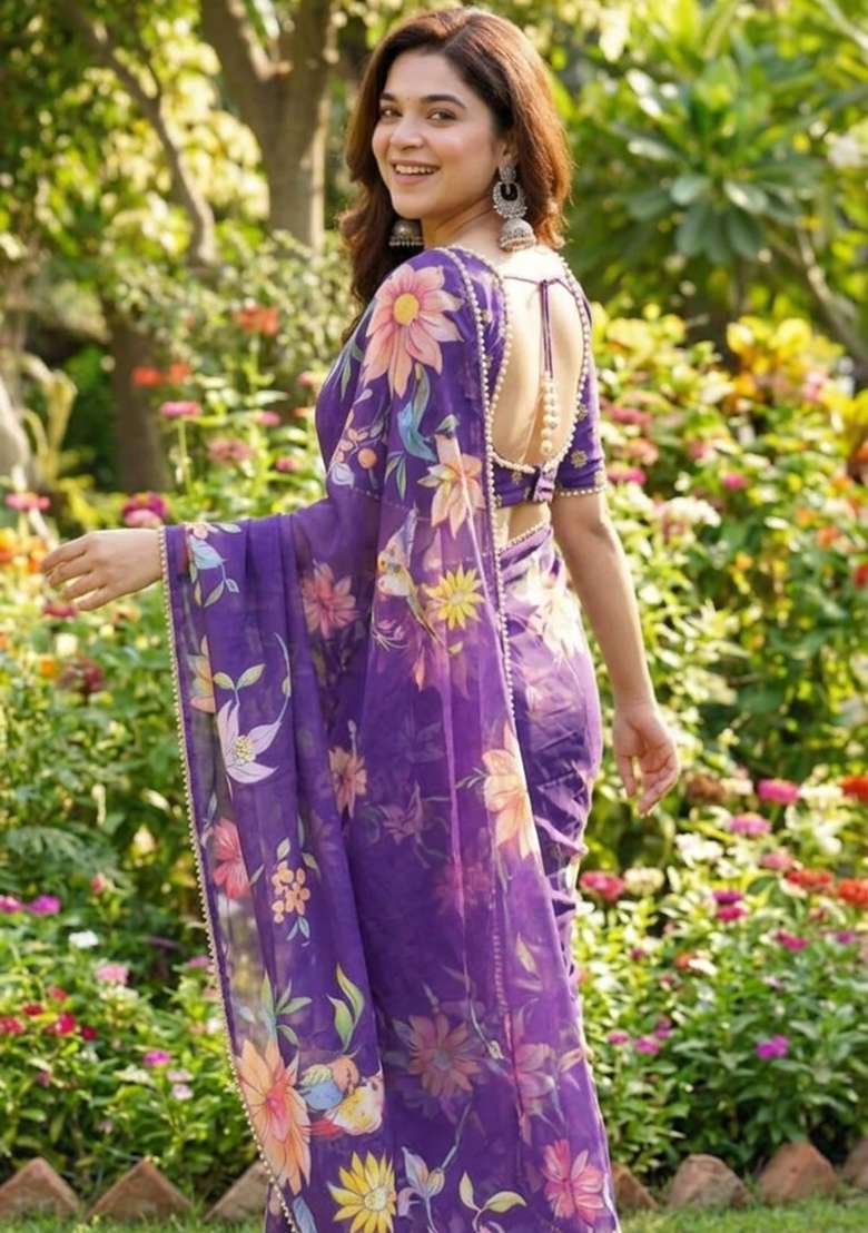 Purple Printed Georgette Saree Set for Diwali and Festive Wear - Indya