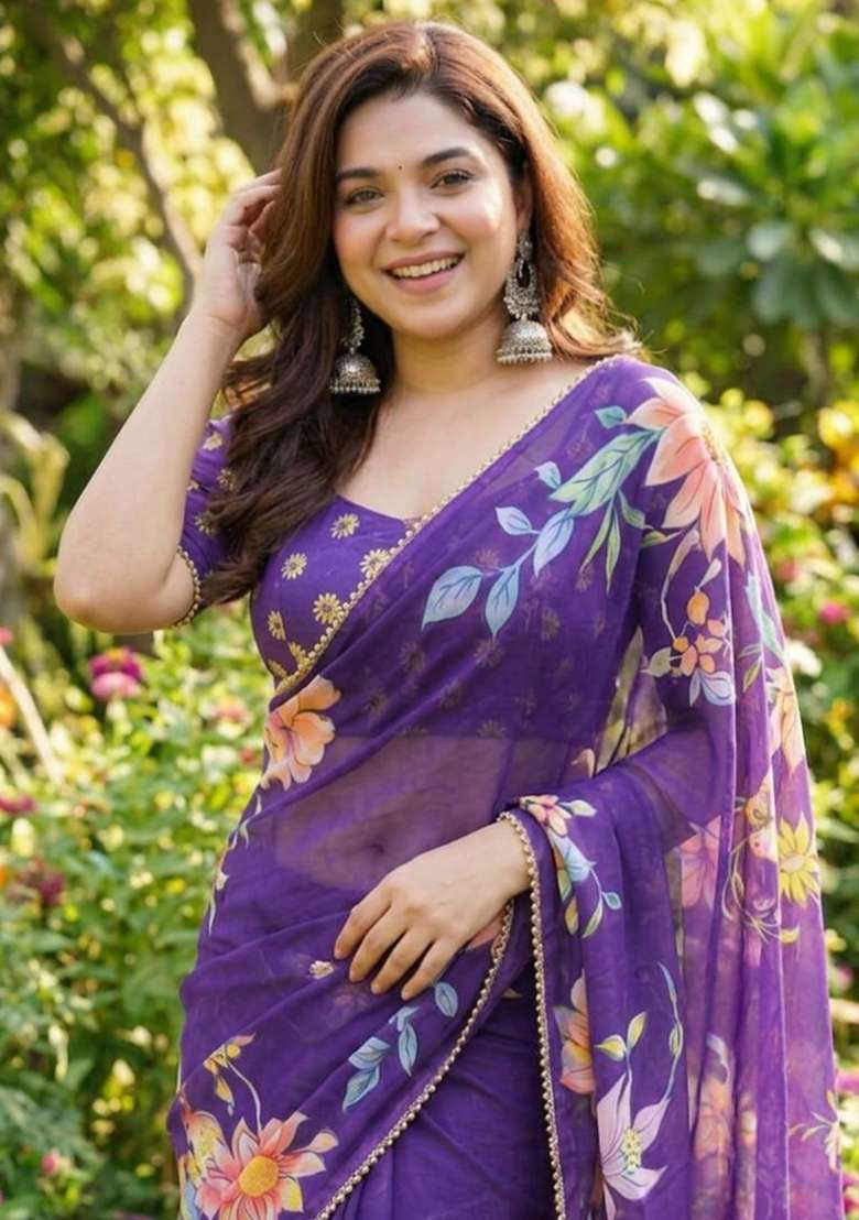 Purple Printed Georgette Saree Set for Diwali and Festive Wear - Indya