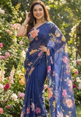 Blue Printed Georgette Saree Set