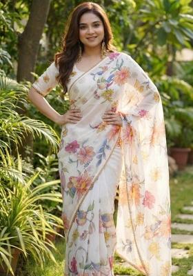 White Printed Georgette Saree Set
