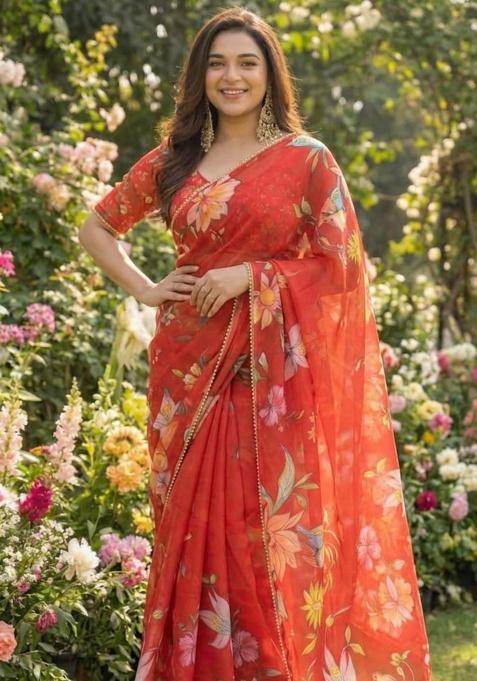 Red Printed Georgette Saree Set