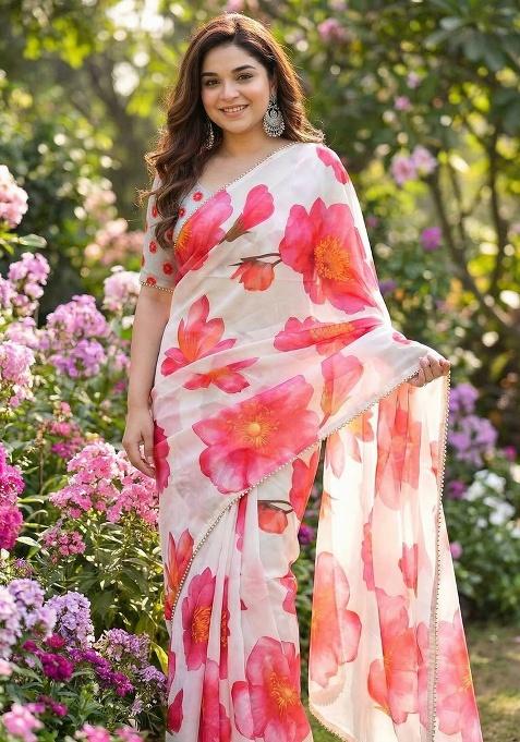 White Printed Georgette Saree Set