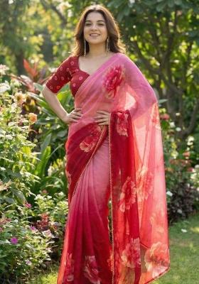 Pink Printed Georgette Saree Set