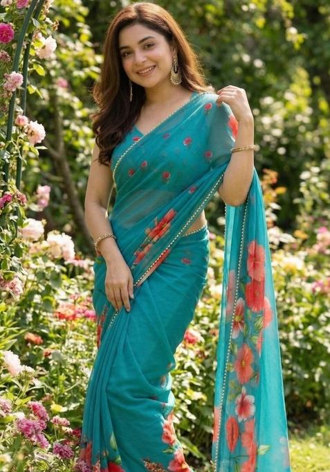 Blue Printed Georgette Saree Set — view on Indya