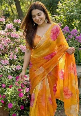 Mustard Yellow Printed Georgette Saree Set