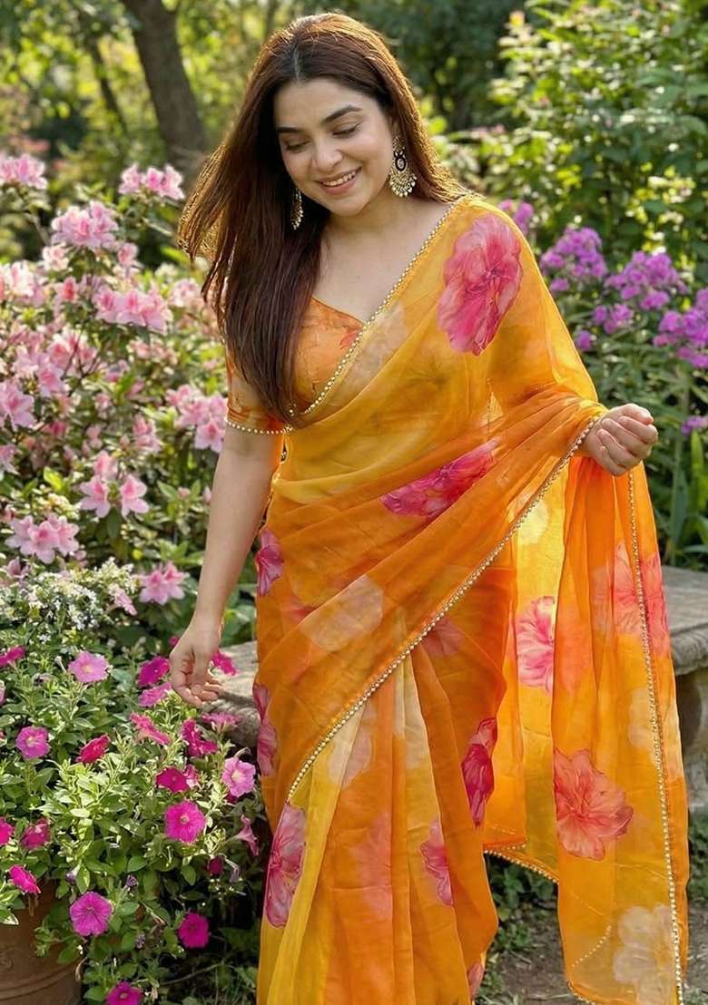 Mustard Yellow Georgette Saree Set with Printed for Diwali | Wedding & Festive Wear - Indya
