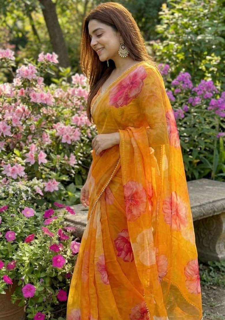Mustard Yellow Georgette Saree Set with Printed for Diwali | Wedding & Festive Wear - Indya