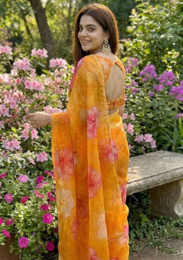 Mustard Yellow Georgette Saree Set with Printed for Diwali | Wedding & Festive Wear - Indya