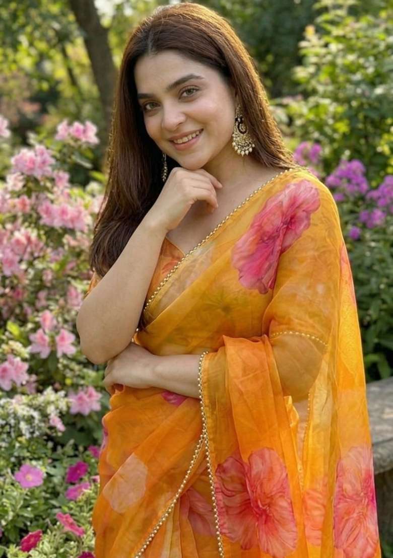 Mustard Yellow Georgette Saree Set with Printed for Diwali | Wedding & Festive Wear - Indya