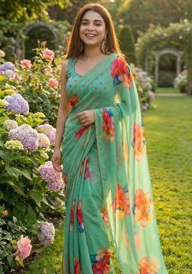 See Green Printed Georgette Saree Set