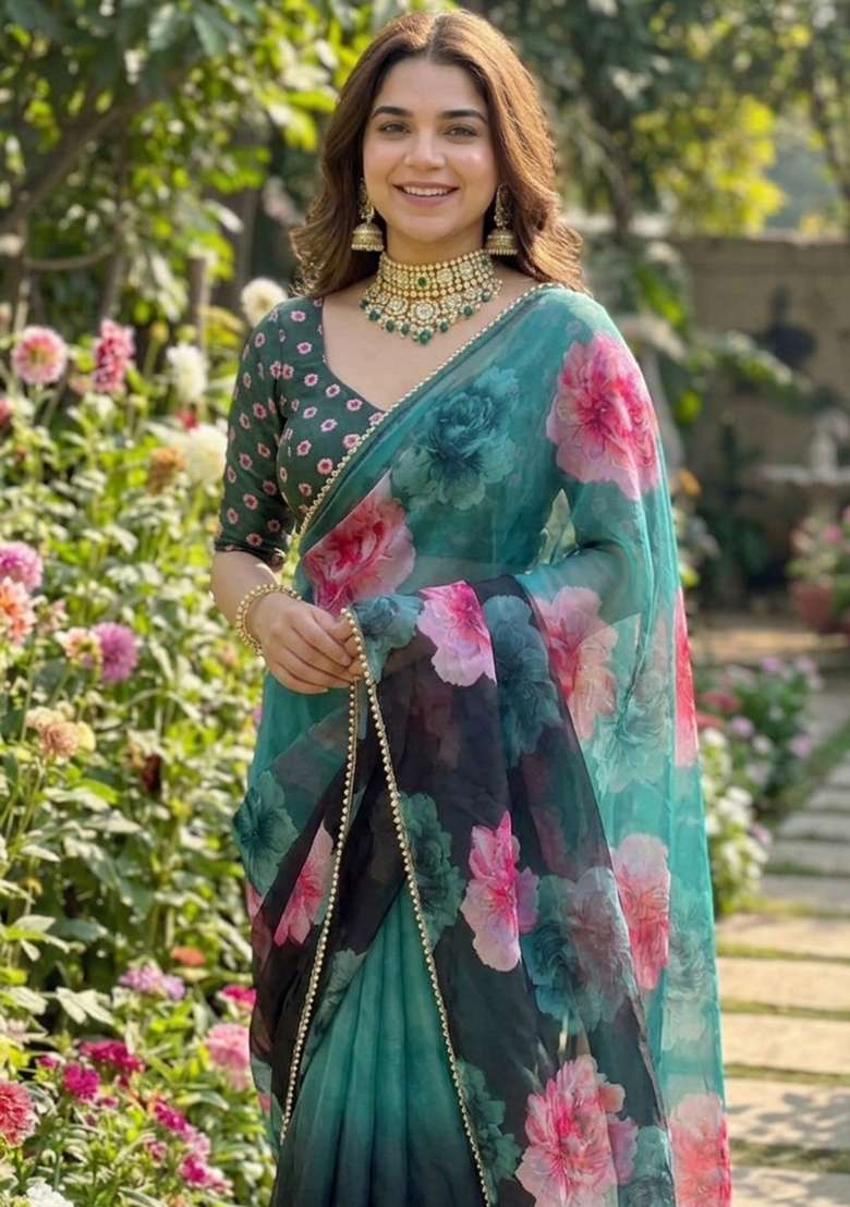Teal Green Printed Georgette Saree Set for Diwali and Festive Wear - Indya
