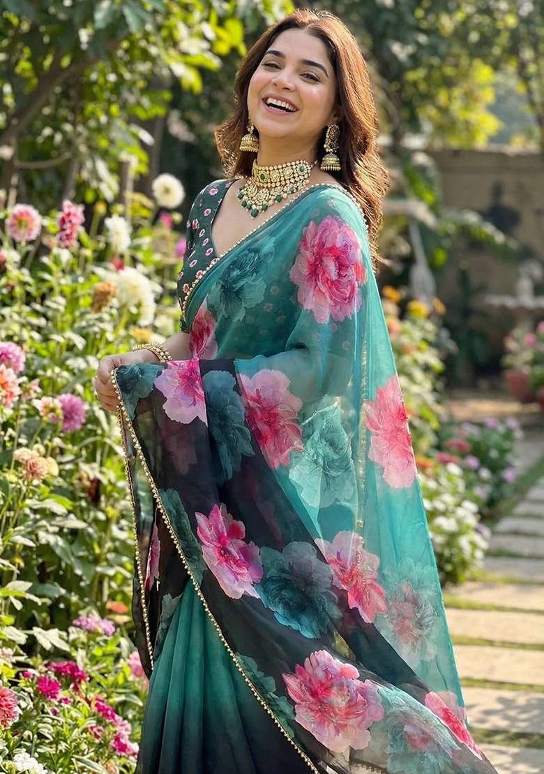 Teal Green Printed Georgette Saree Set for Diwali and Festive Wear - Indya