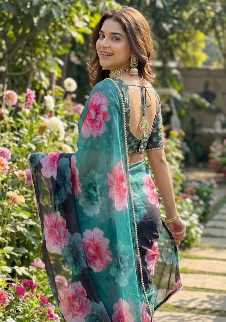 Teal Green Printed Georgette Saree Set for Diwali and Festive Wear - Indya
