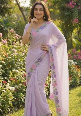 Lavender Floral Print Georgette Saree Set