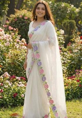 White Floral Print Georgette Saree Set