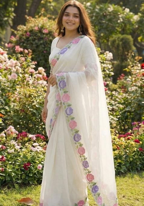 White Floral Print Georgette Saree Set