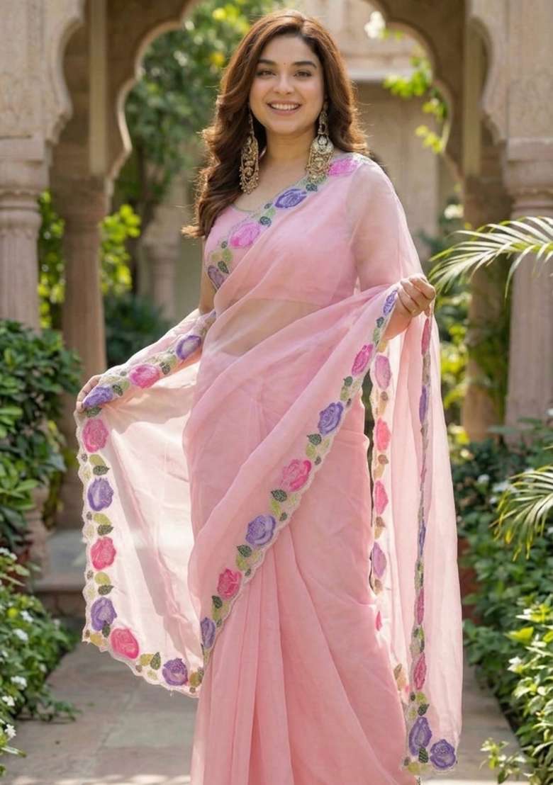 Baby Pink Floral Print Georgette Saree Set - Indya