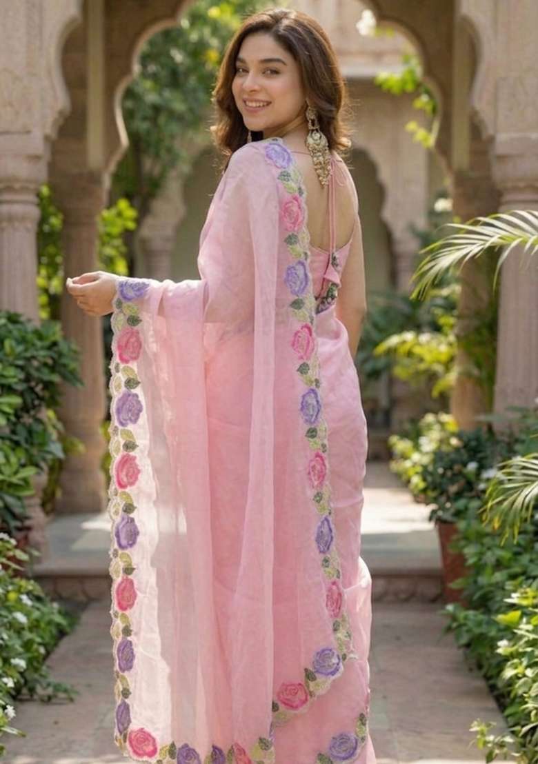Baby Pink Floral Print Georgette Saree Set - Indya