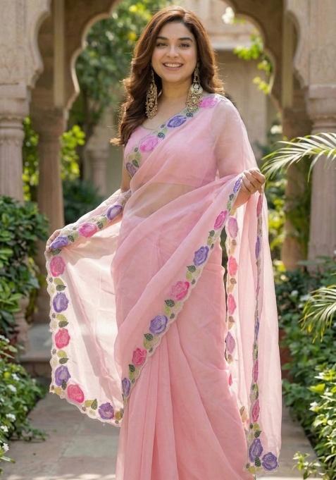 Baby Pink Floral Print Georgette Saree Set