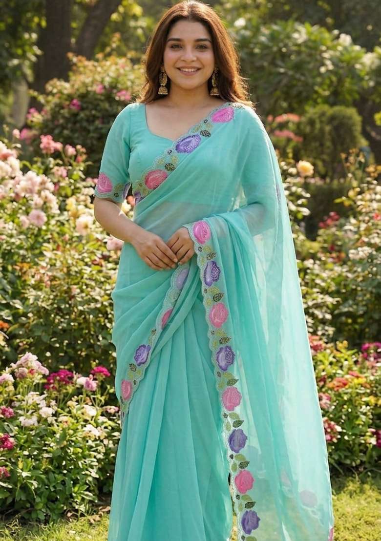 Sky Blue Floral Print Georgette Saree Set - Indya