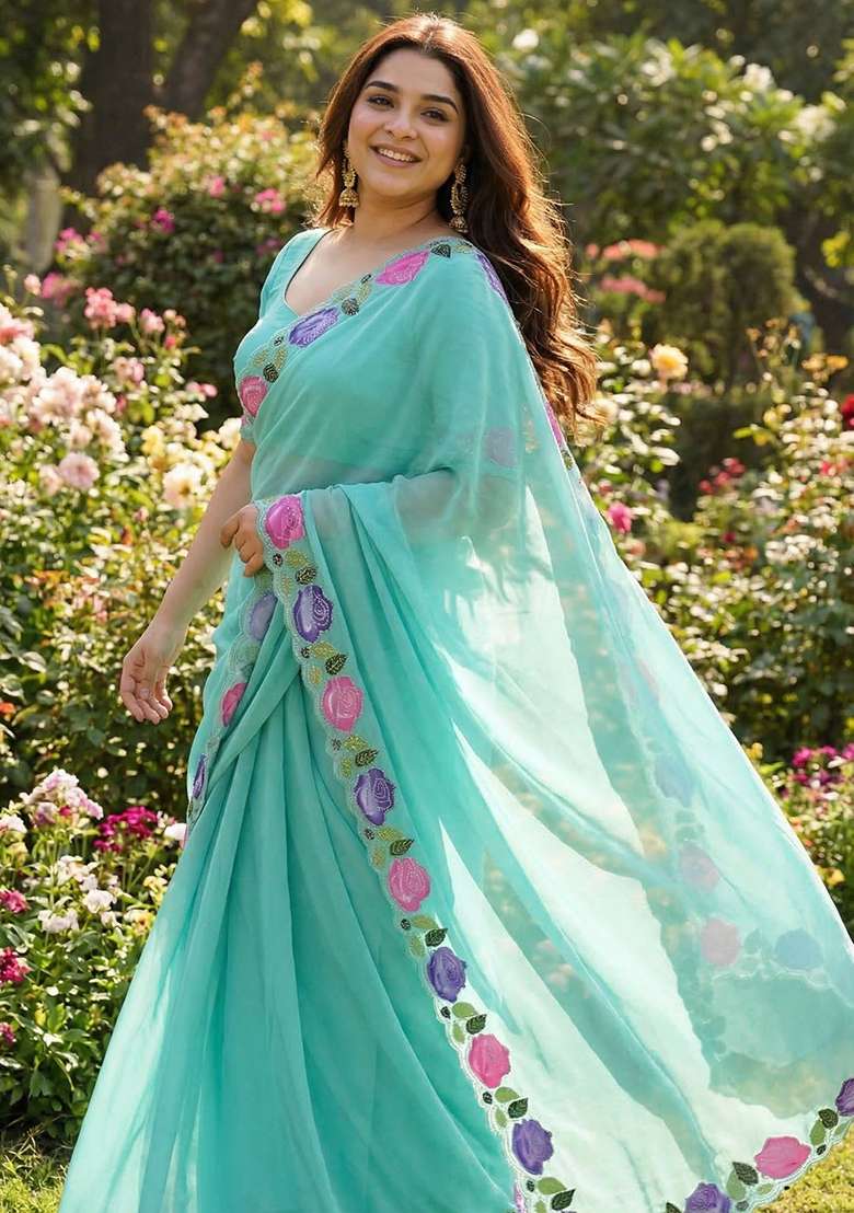 Sky Blue Floral Print Georgette Saree Set - Indya